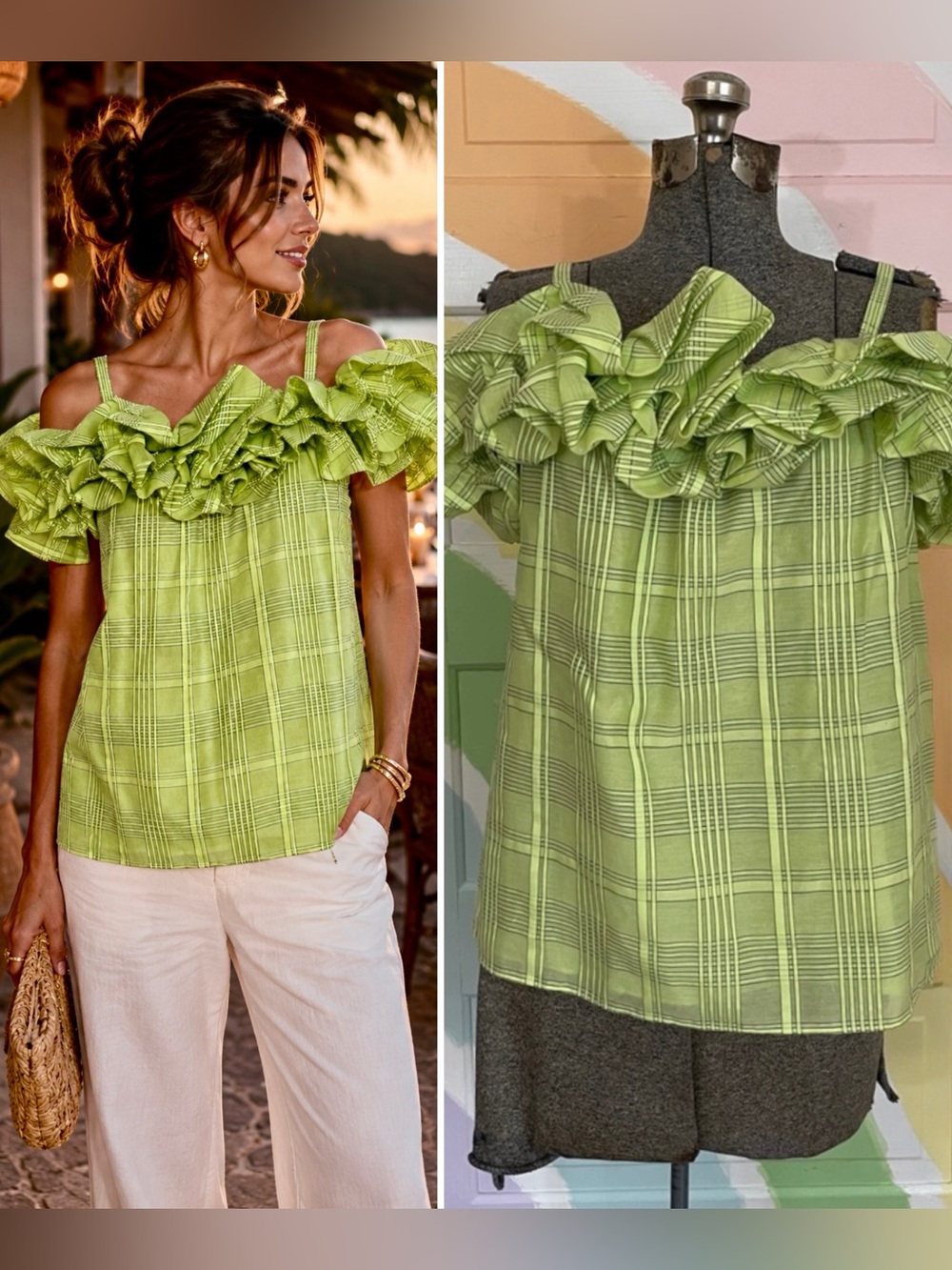NWT Trina Turk Primrose Ruffle Top in Aura Green Silk Cotton Resortwear Sz S 💛🎀